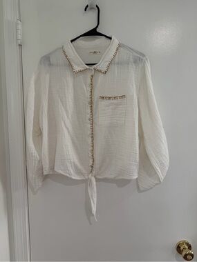 Natural Life Cotton Gauze Tie Front Button Shirt Whipstitch Boho Resort Top XL